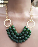 EMERALD GREEN AFRICAN GLASS BEADED MULTI CHAINED NECKLACE