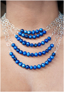 STERLING SILVER MULTI TIERED STATEMENT NECKLACE WITH OCEAN BLUE FRESHWATER PEARLS