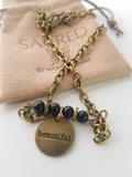 2 IN 1 ANTIQUE BRASS AND ONYX GEMSTONE NECKLACE
