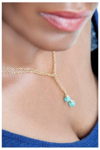 GOLD CHAIN LARIAT NECKLACE WITH WIRE WRAPPED TEAL BEADS