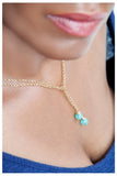 GOLD CHAIN LARIAT NECKLACE WITH WIRE WRAPPED TEAL BEADS