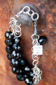 BLACK CZECH GLASS SILVER CHAIN BRACELET